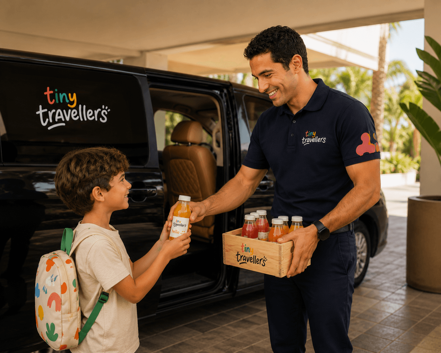 Tiny Travellers driver welcoming a young traveller with complimentary refreshments before a family transfer.