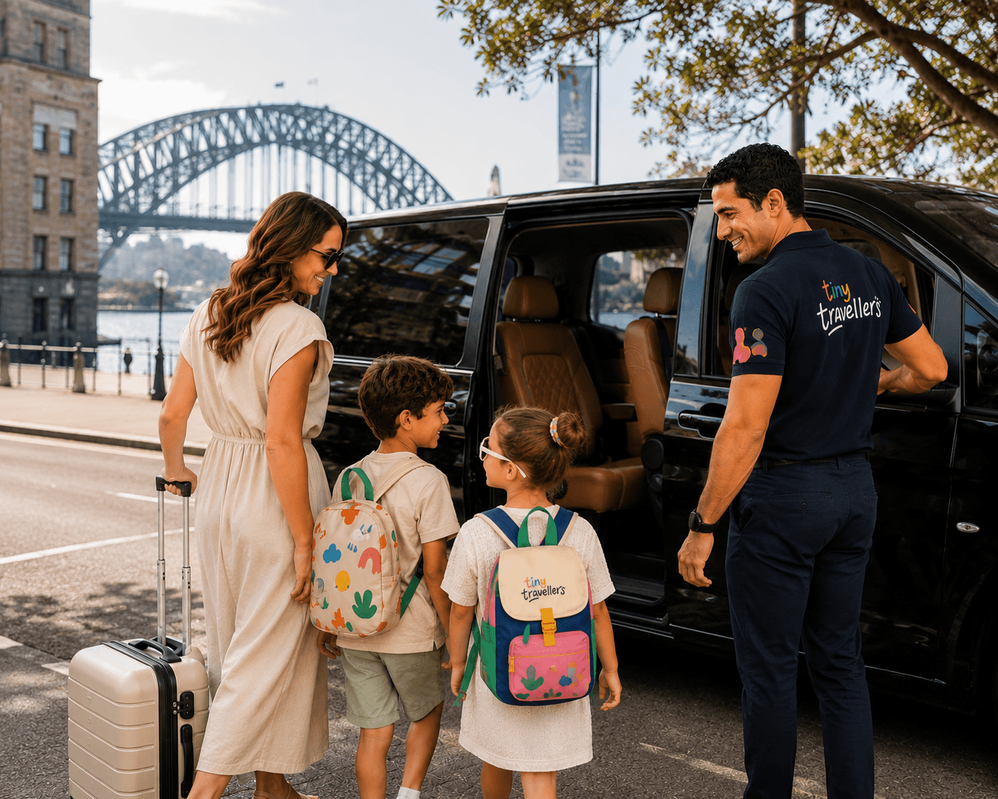 Tiny Travellers driver welcoming a family into a premium vehicle beside Sydney Harbour before an airport transfer.